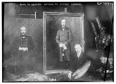 King of Albania sitting for painting by Alfred Schwarz