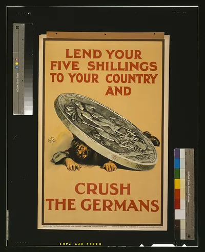 Lend your five shillings to your country and crush the Germans / D. D. Fry ; printed by David Allen & Sons Ld., Harrow, Middlesex.