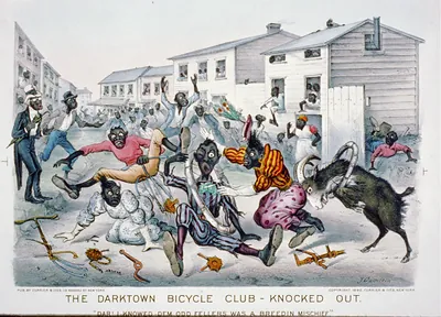 The darktown bicycle club-knocked out: Dar! I knowed dem odd fellers was a breedin mischief.""