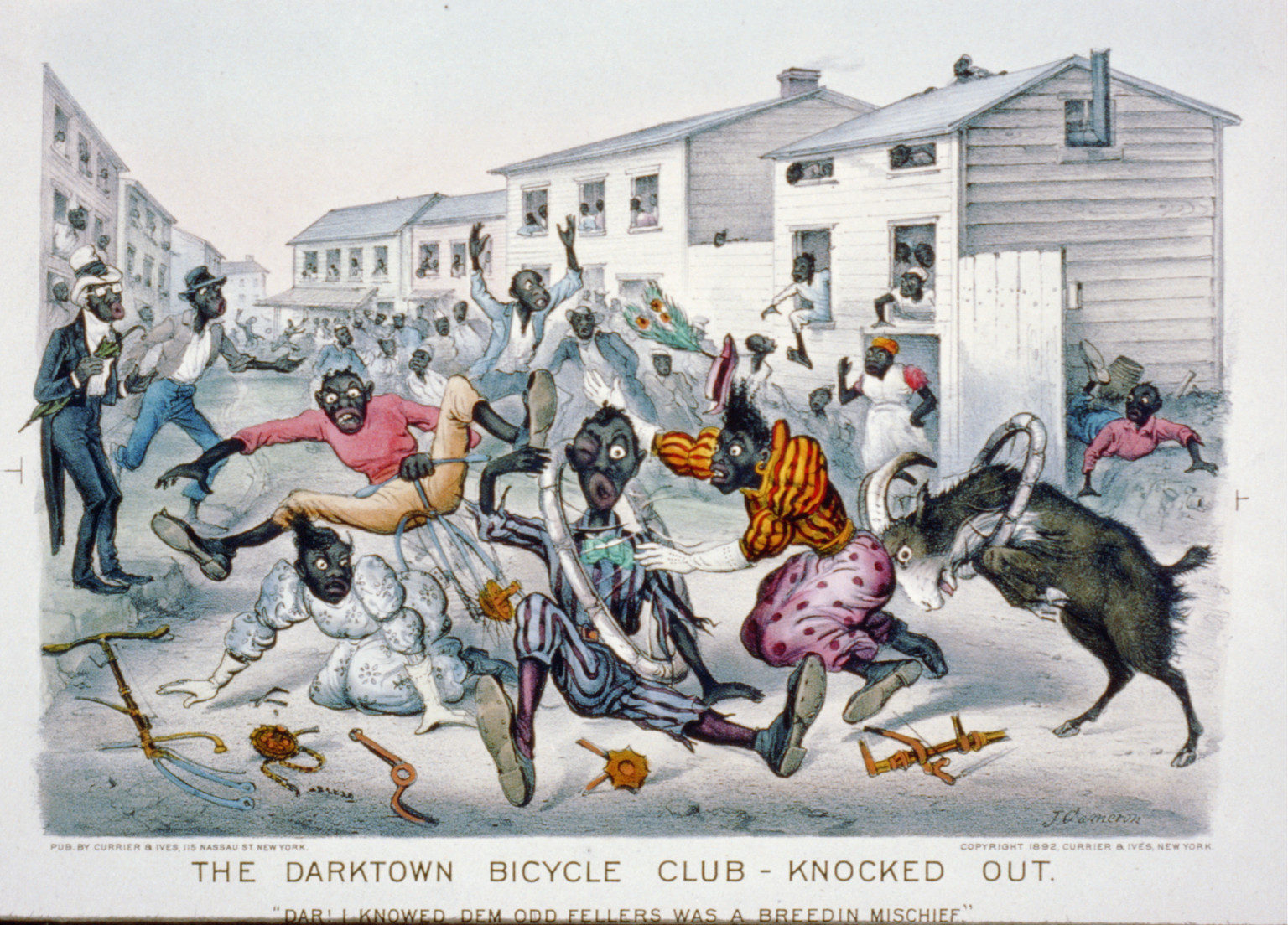 The darktown bicycle club-knocked out: Dar! I knowed dem odd fellers was a breedin mischief."", [New York] : Currier & Ives, 1892. — antique lithograph
