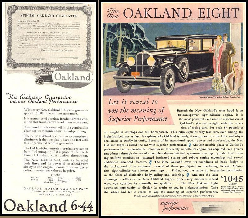Oakland Eight and Oakland 6-44 automobile advertisements — historic image