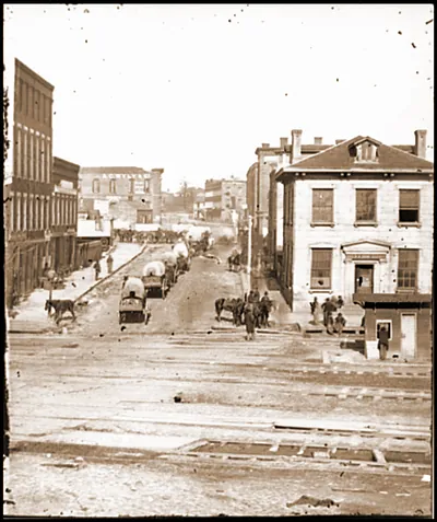 Atlanta Ga. Northward view across the tracks on Whitehall Street with wagon train