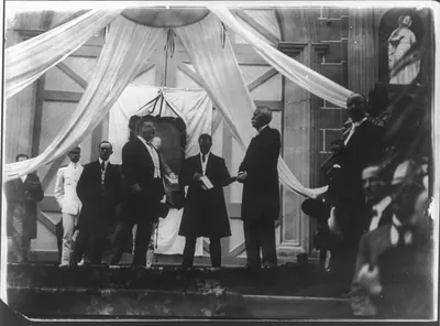 [Theodore Roosevelt, Pres. U.S., 1858-1919. Responding to the welcoming address by Pres. Manuel Amador Guerrero of Panama; from the film T.R. in Panama 1906"]"