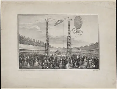 Crowd watching a balloon ascent from a walled arena, lithograph