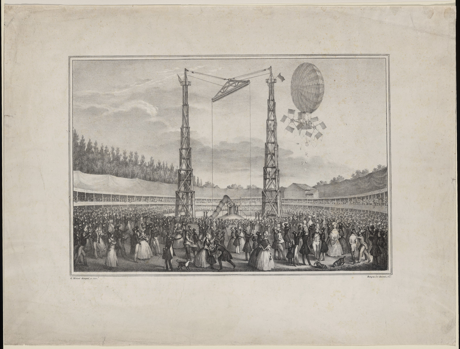 Crowd watching a balloon ascent from a walled arena, lithograph — antique lithograph