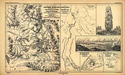 Die amerikanische Staats-Domäne National Park map with geyser insets, 1871