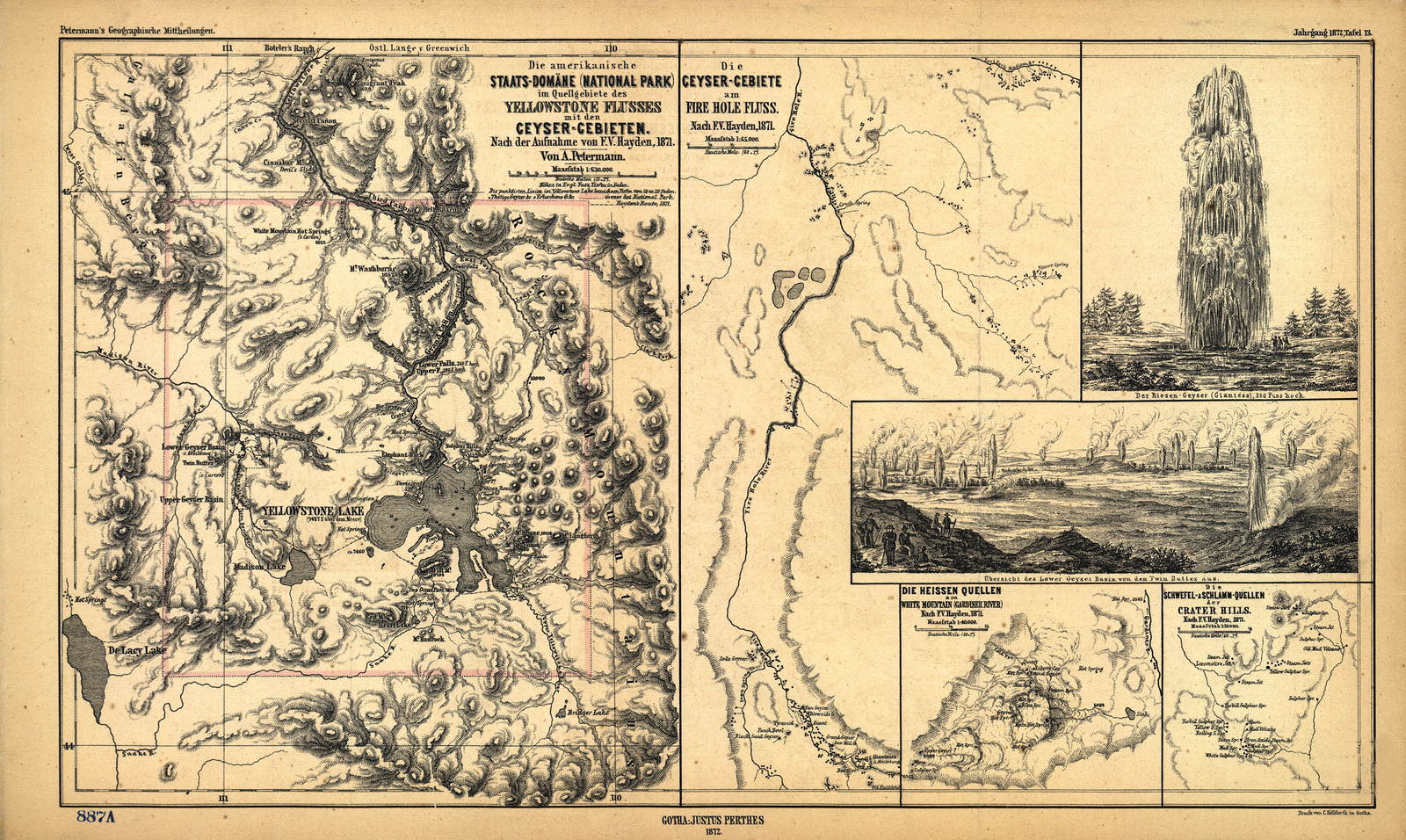 Die amerikanische Staats-Domäne National Park map with geyser insets, 1871, 1871 — antique map