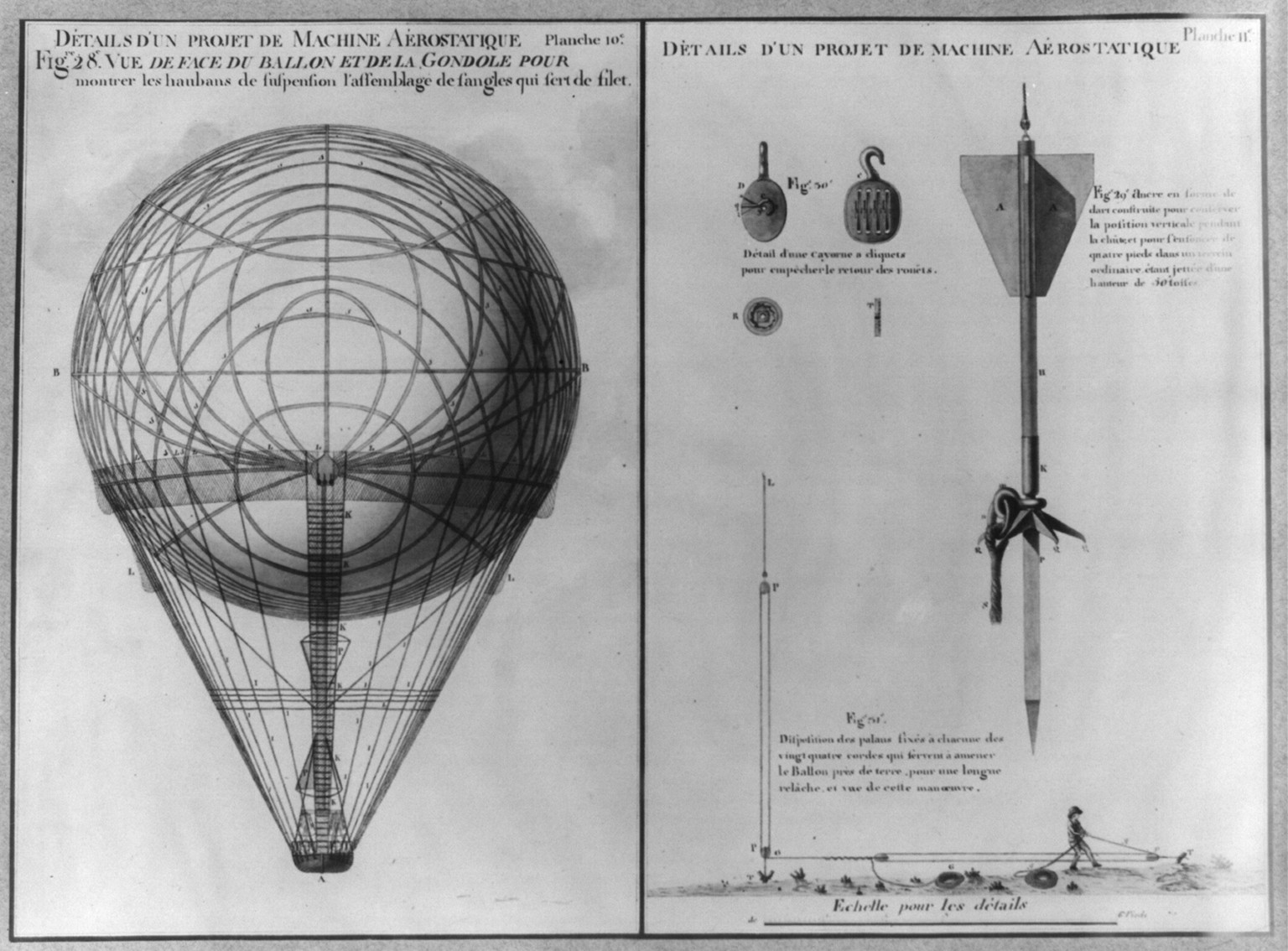 Details d'un Projet de Machine Aerostatique [Capture balloon]: front view of entire balloon, [no date recorded on caption card] — antique engraving