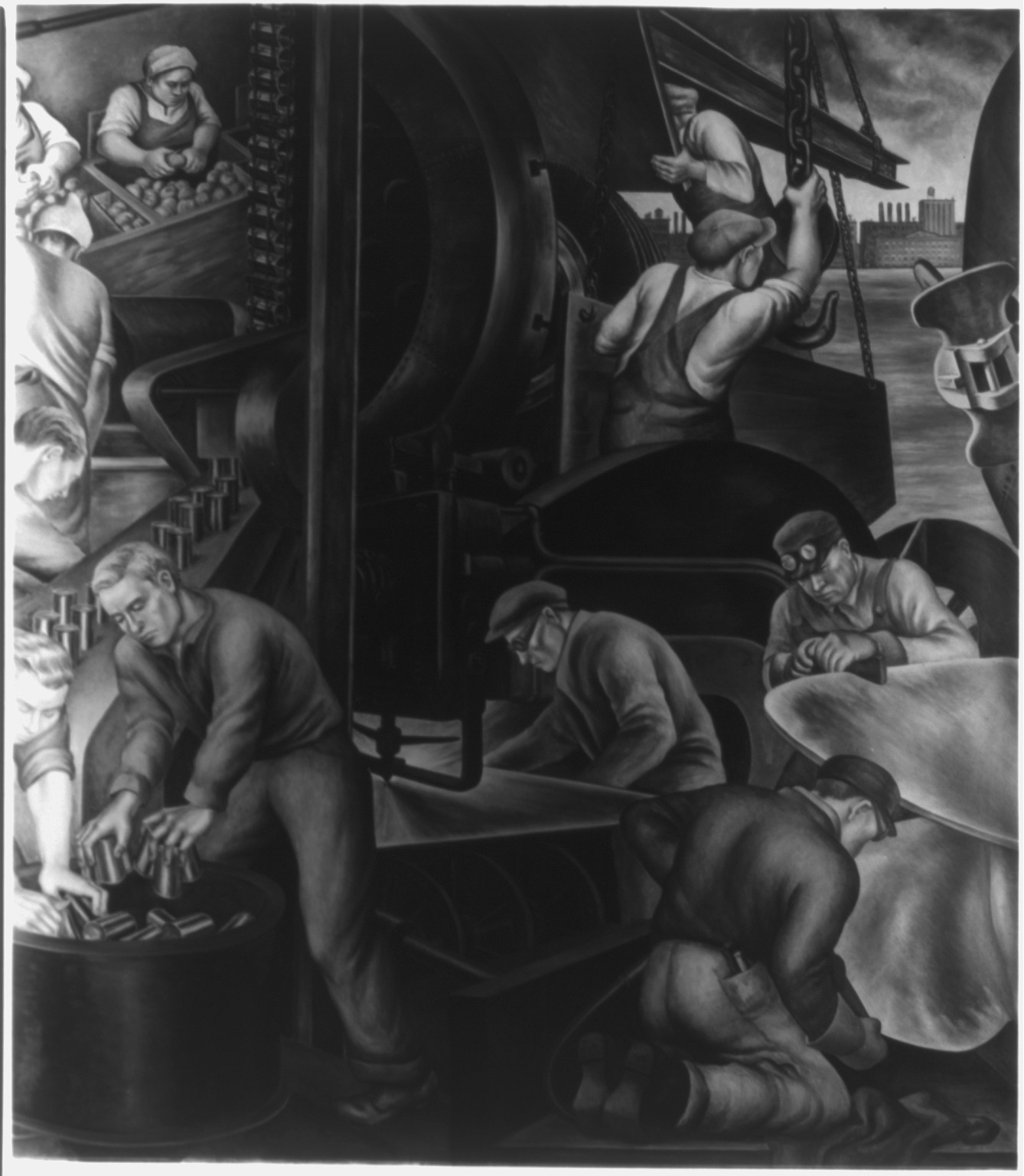 [Workers in a shipyard and people canning food], [193-] — historic photograph