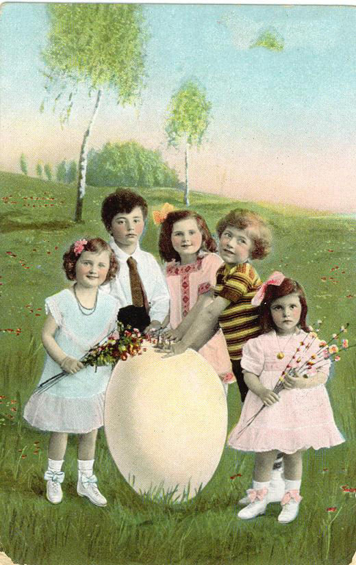 Children with a giant egg, Easter postcard — vintage postcard