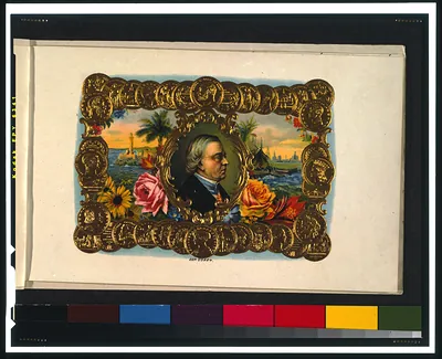 [Cigar box label, printed by a German firm, showing head-shoulders portrait of a man, facing right, superimposed over waterfront scene, with border of gold coins]