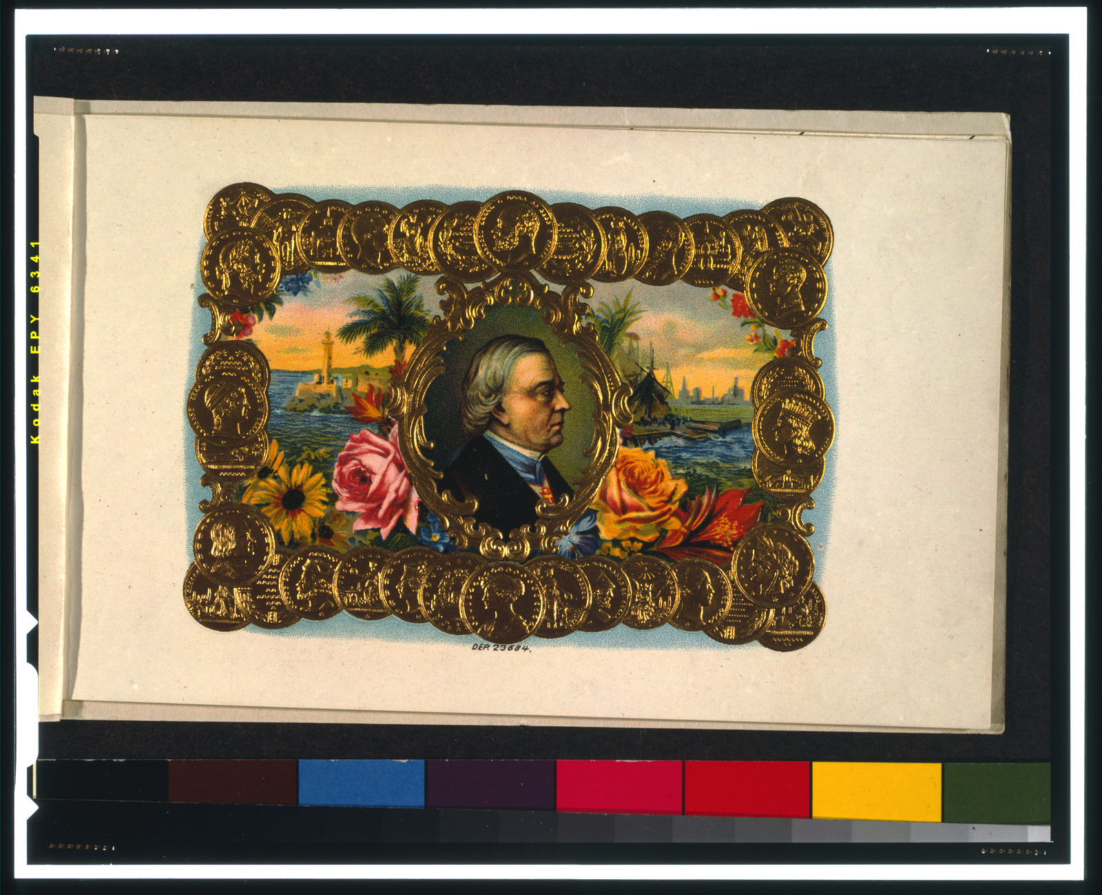 [Cigar box label, printed by a German firm, showing head-shoulders portrait of a man, facing right, superimposed over waterfront scene, with border of gold coins], [ca. 1930] — historic print