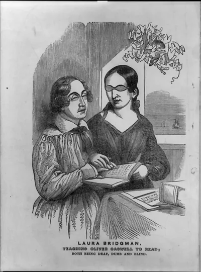 Laura Bridgman teaching Oliver Caswell to read, both being deaf, dumb and blind.