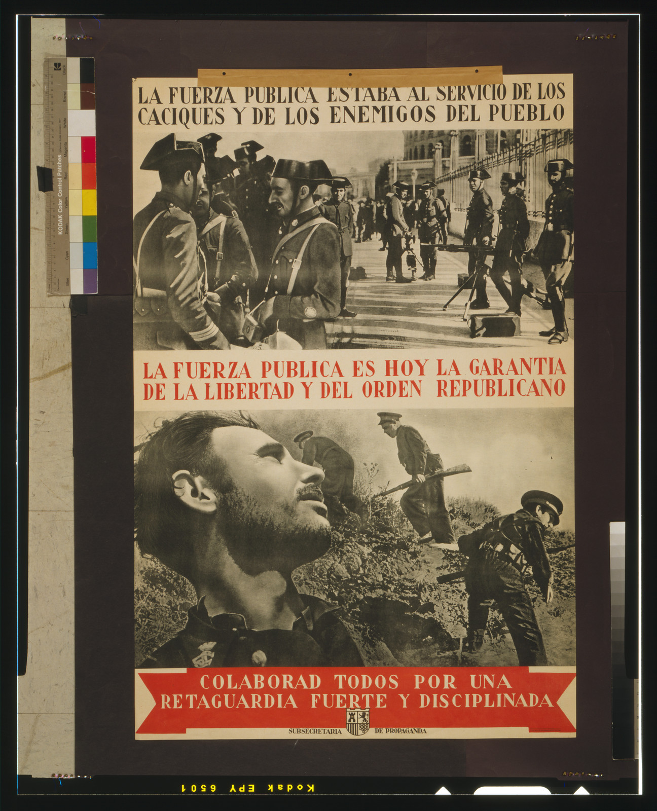 La fuerza pública estaba al servicio de los caciques y de los enemigos del pueblo. La fuerza pública es hoy la garantía de la libertad y del orden republicano, [Spain] : Subsecretaría de Propaganda, [between 1936 and 1939] — vintage poster