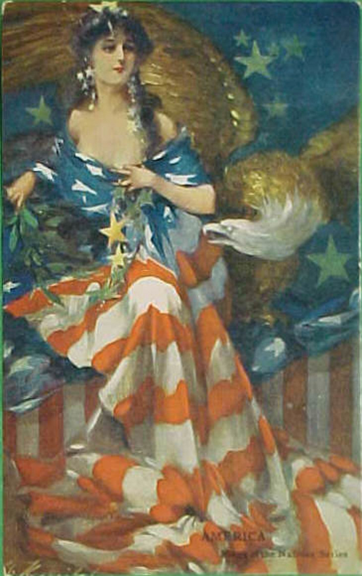 Painted postcard of America personified with eagle and flag — vintage postcard