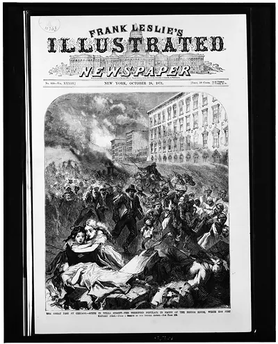 The Great fire at Chicago. Scene in Wells Street - the terrified populace in front of the Briggs House, which has just caught fire / from a sketch by our special artist.