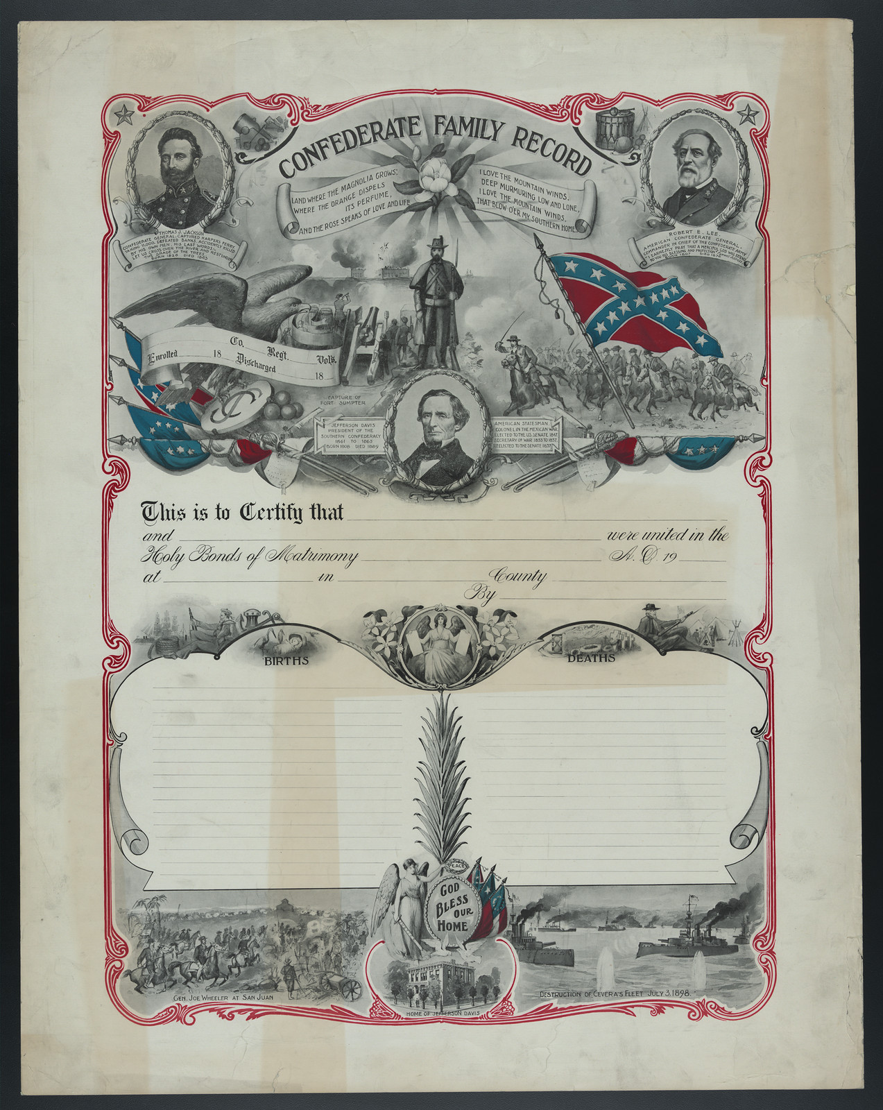 Confederate Family Record certificate with portraits and flags — historic image
