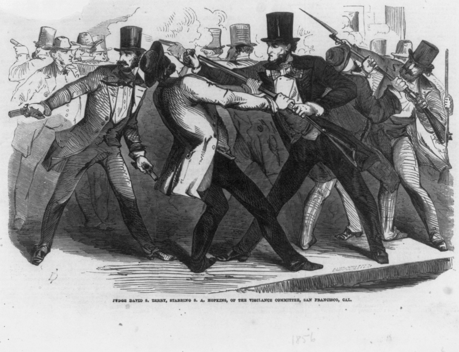Judge David S. Terry, stabbing S.A. Hopkins, of the vigilance committee, San Francisco, Cal., 1856, [no date recorded on caption card] — antique engraving
