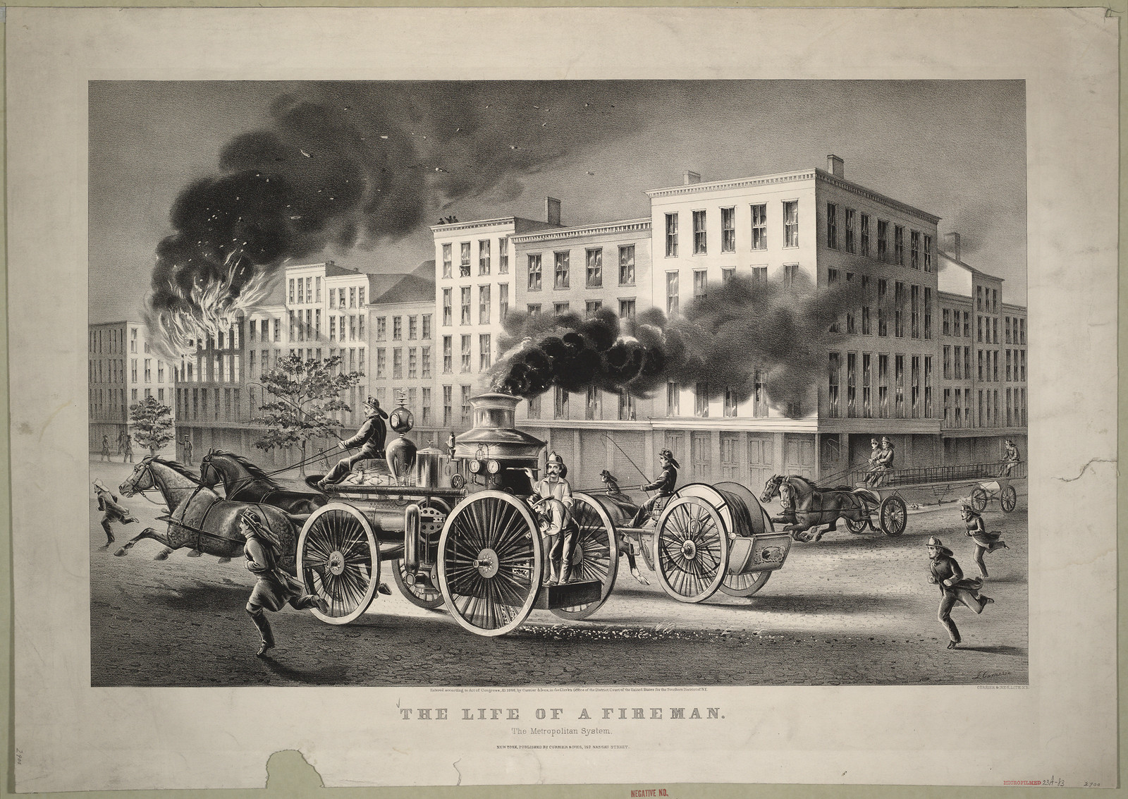 The life of a fireman: the metropolitan system, New York : Published by Currier & Ives, 115 Nassau Street, c1866. — antique lithograph