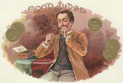 Good Judge cigar label showing a man smoking