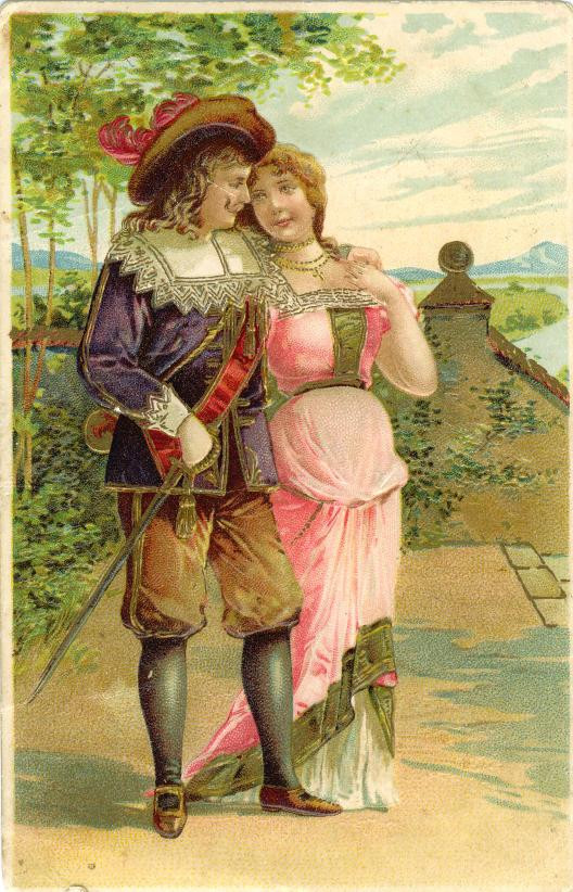 Courting couple in period dress, romantic greeting card — historic image