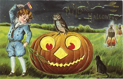 A Merry Halloween postcard with jack-o'-lantern, owl and black cat