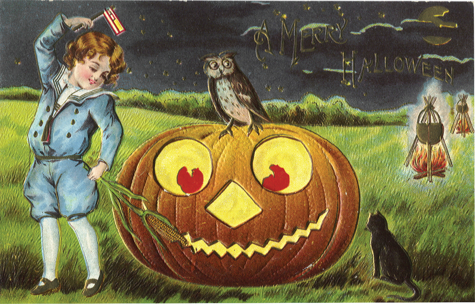 A Merry Halloween postcard with jack-o'-lantern, owl and black cat — vintage postcard