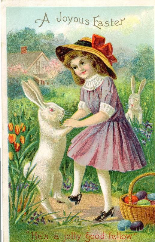 A Joyous Easter postcard: girl with white rabbits and eggs — vintage postcard