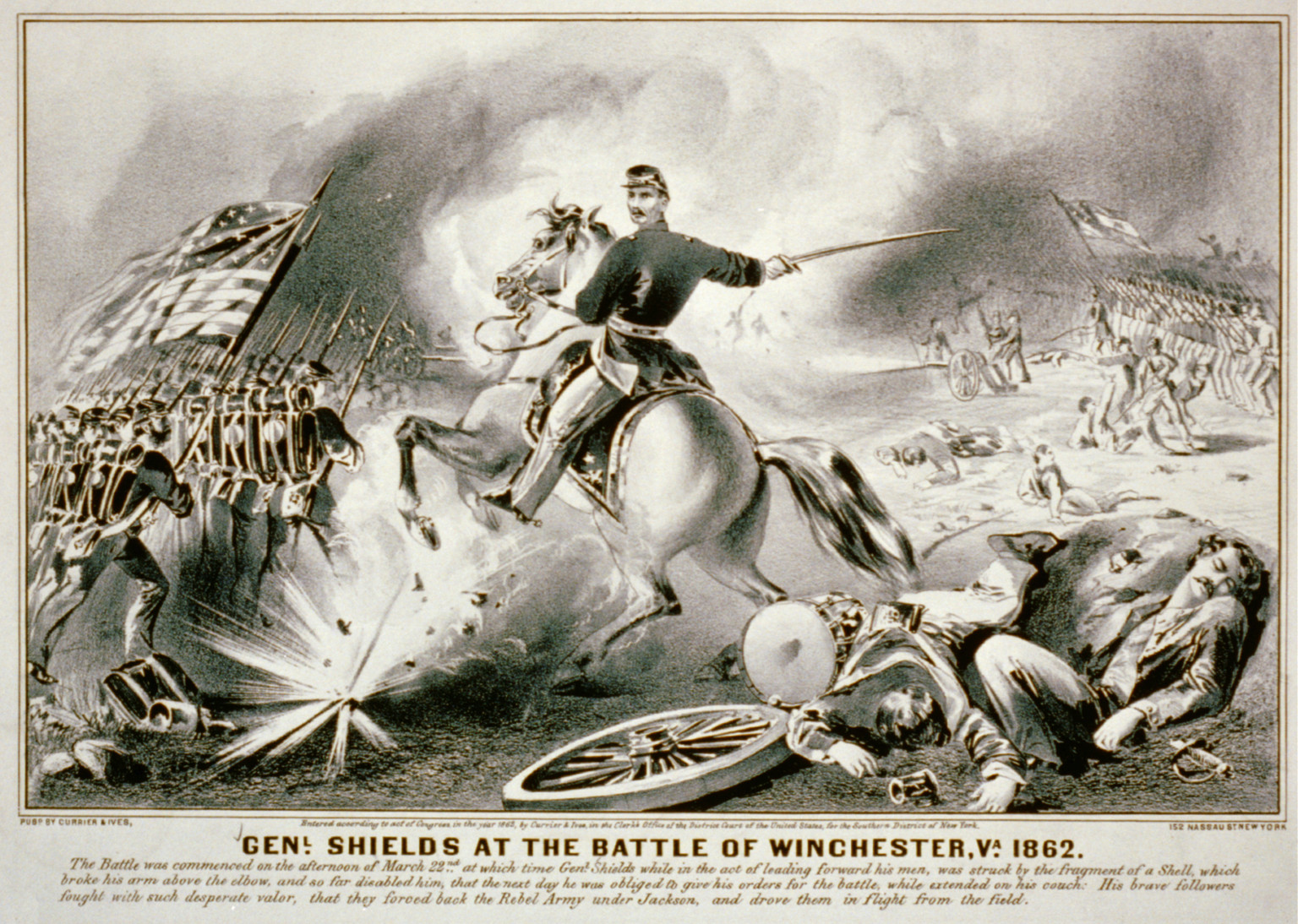 Genl. Shields at the battle of Winchester, Va. 1862, New York : Published by Currier & Ives, c1862. — antique lithograph