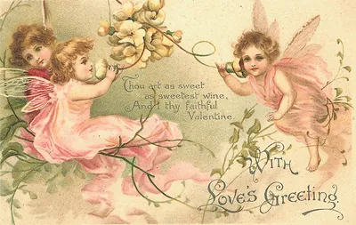 Valentine greeting postcard with pink fairies and "With Love's Greeting