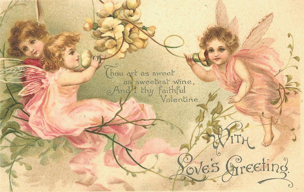 Valentine greeting postcard with pink fairies and "With Love's Greeting — vintage postcard