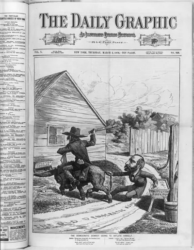 [Daily Graphic cartoons of the 1876 Pres. campaign: Democratic donkey (Cockrell) going to inflate himself (on inflation Thistles)]"