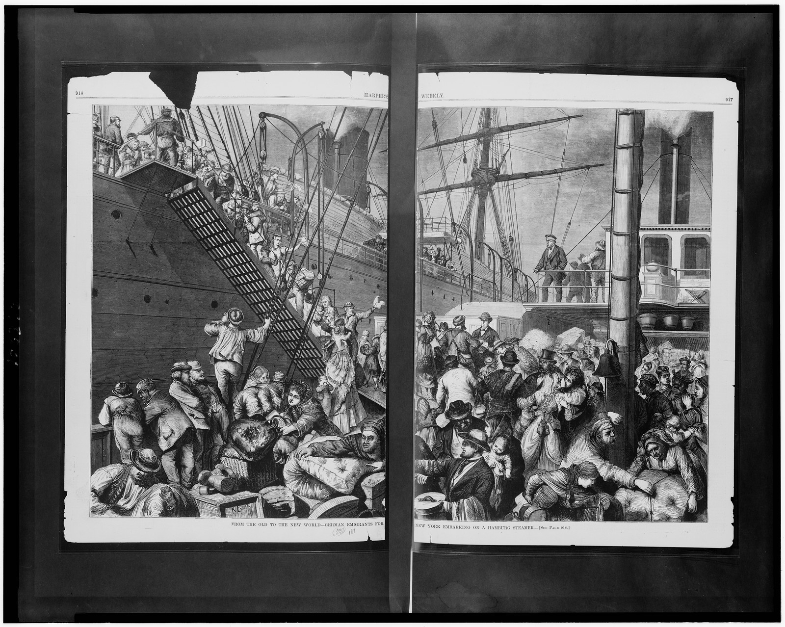 From the old to the new world - German emigrants for New York embarking on a Hamburg steamer, 1874 — antique engraving
