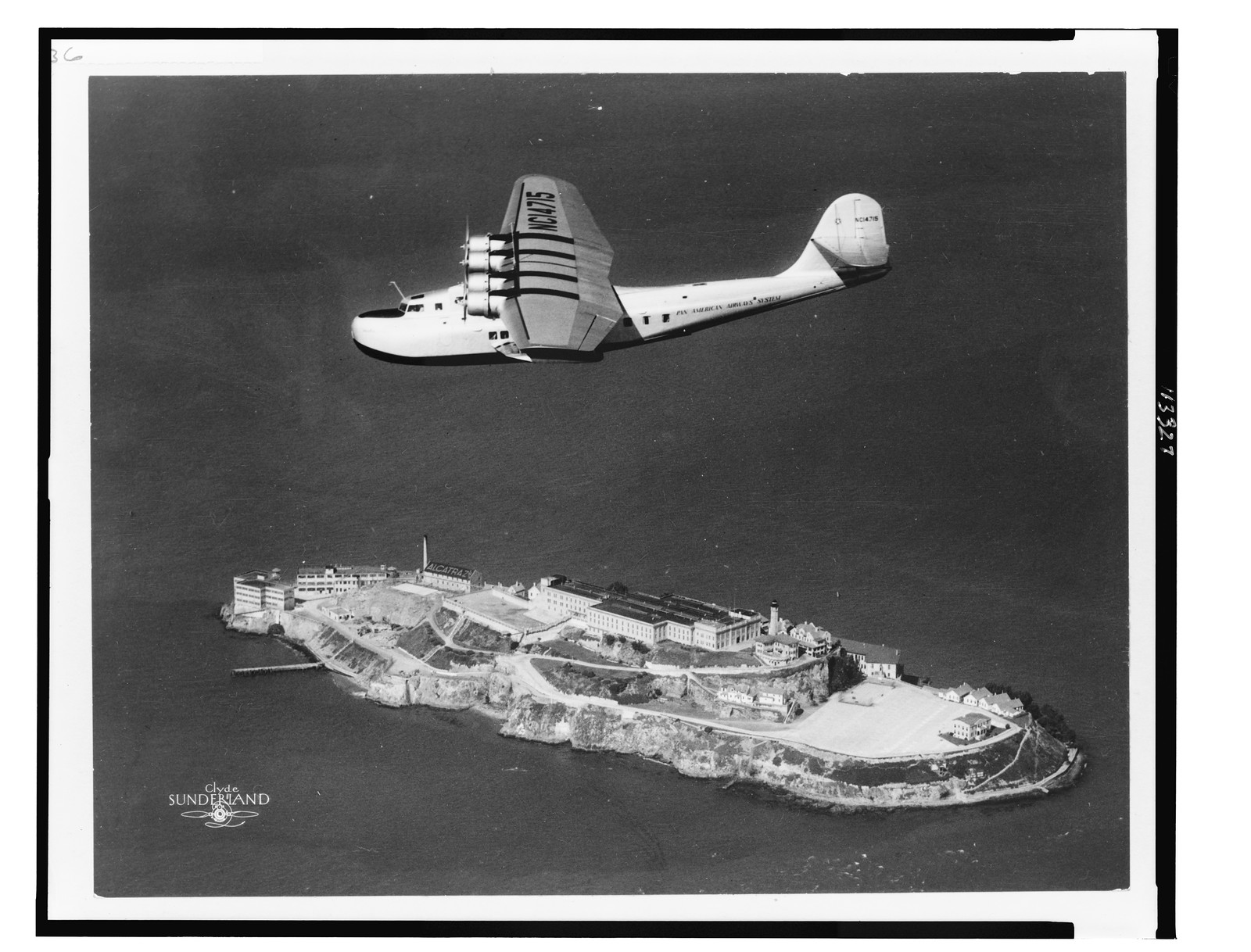 [Aerial view of Alcatraz Island and Pan American Airways China Clipper" in foreground] / Clyde Sunderland.", c1936. — historic photograph