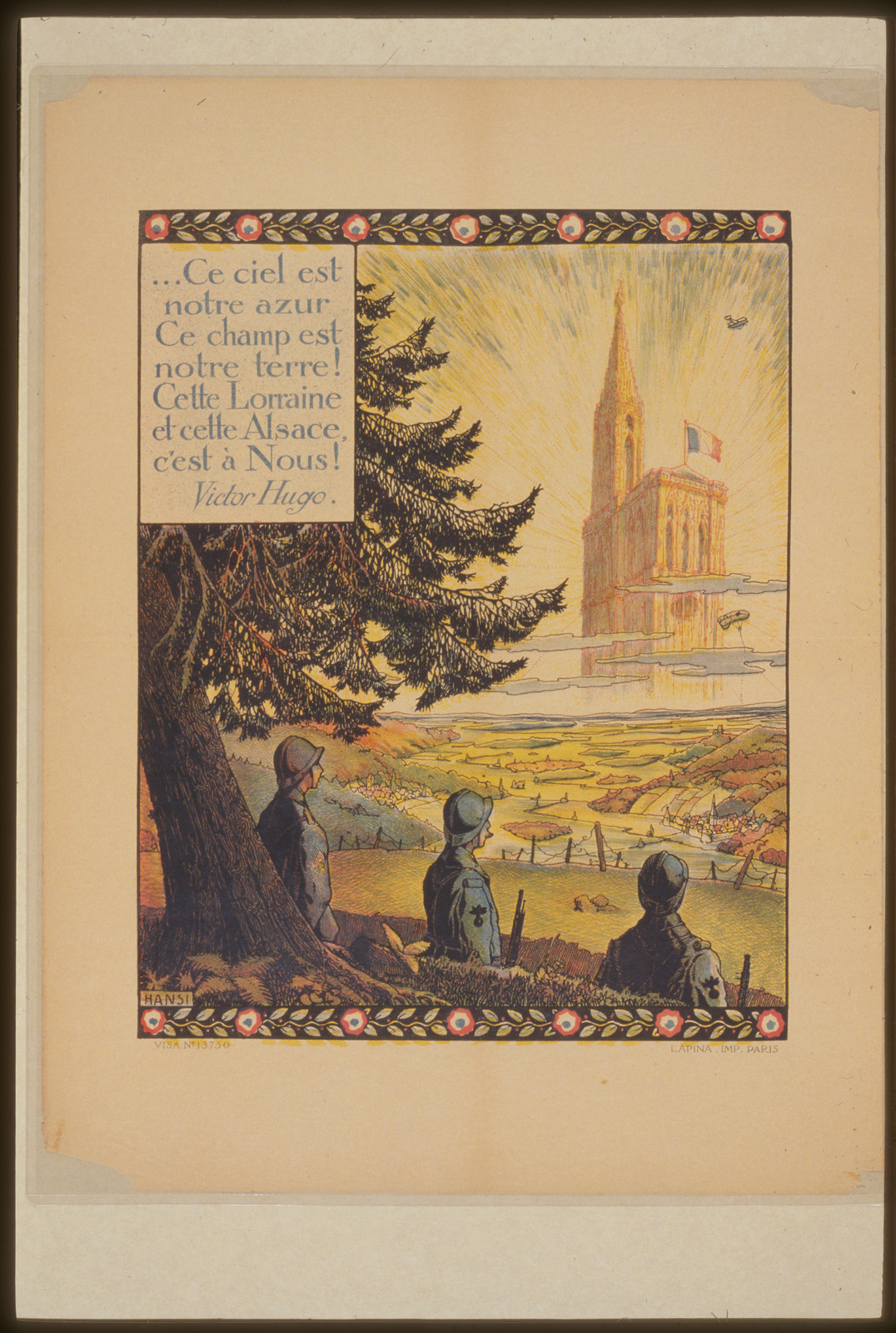 Patriotic WWI poster quoting Victor Hugo, soldiers overlooking Alsace, 1918 — vintage poster