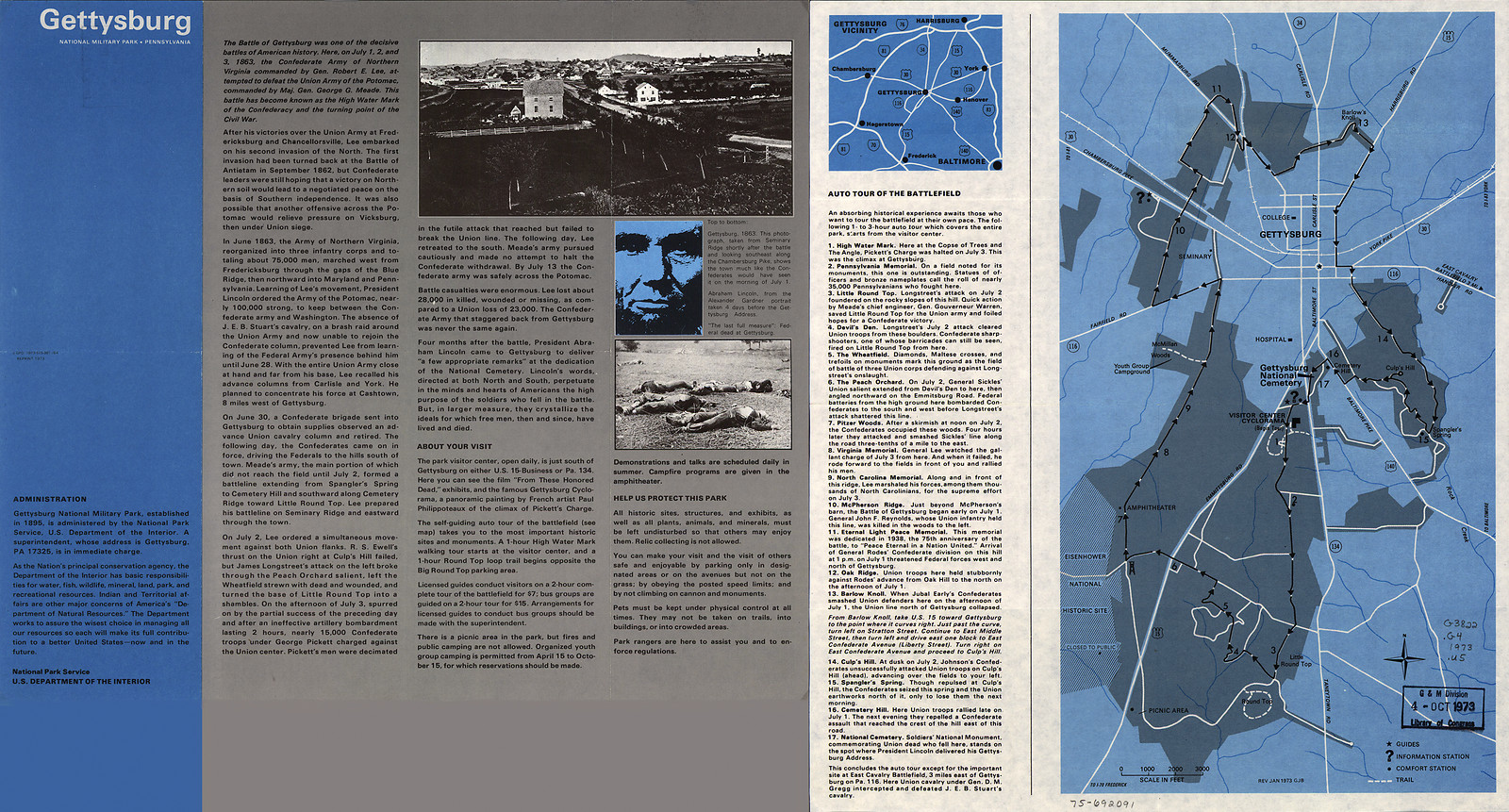 Gettysburg National Military Park brochure with map and text, 1973 — antique map