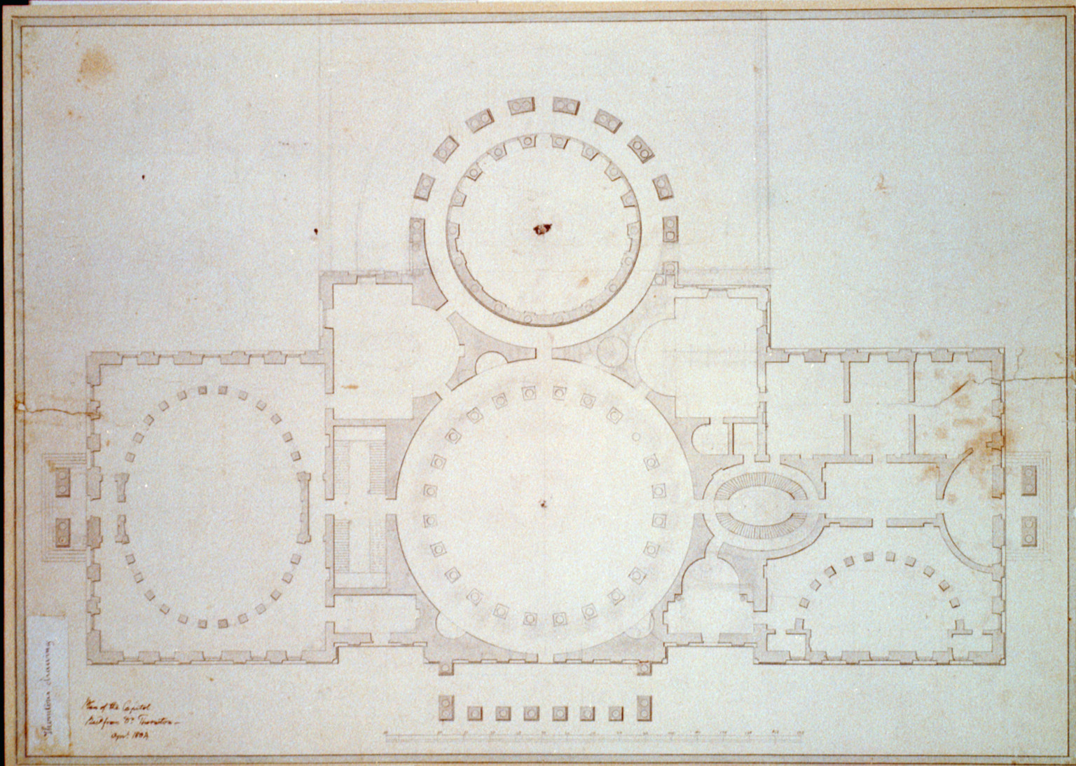 Architectural drawing for the United States Capitol, Washington, D.C. Plan and elevation sketches, and Engineering (ADE) Drawings" (http://www.loc.gov/rr/print/res/103_ade.html)." — historic drawing