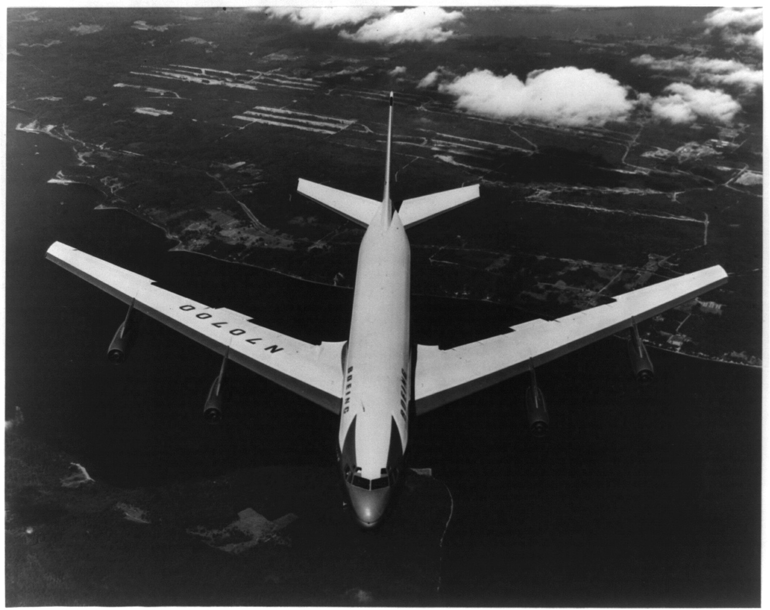 Boeing 707 in the air; America's first jet transport, 1954 July 15. — historic photograph