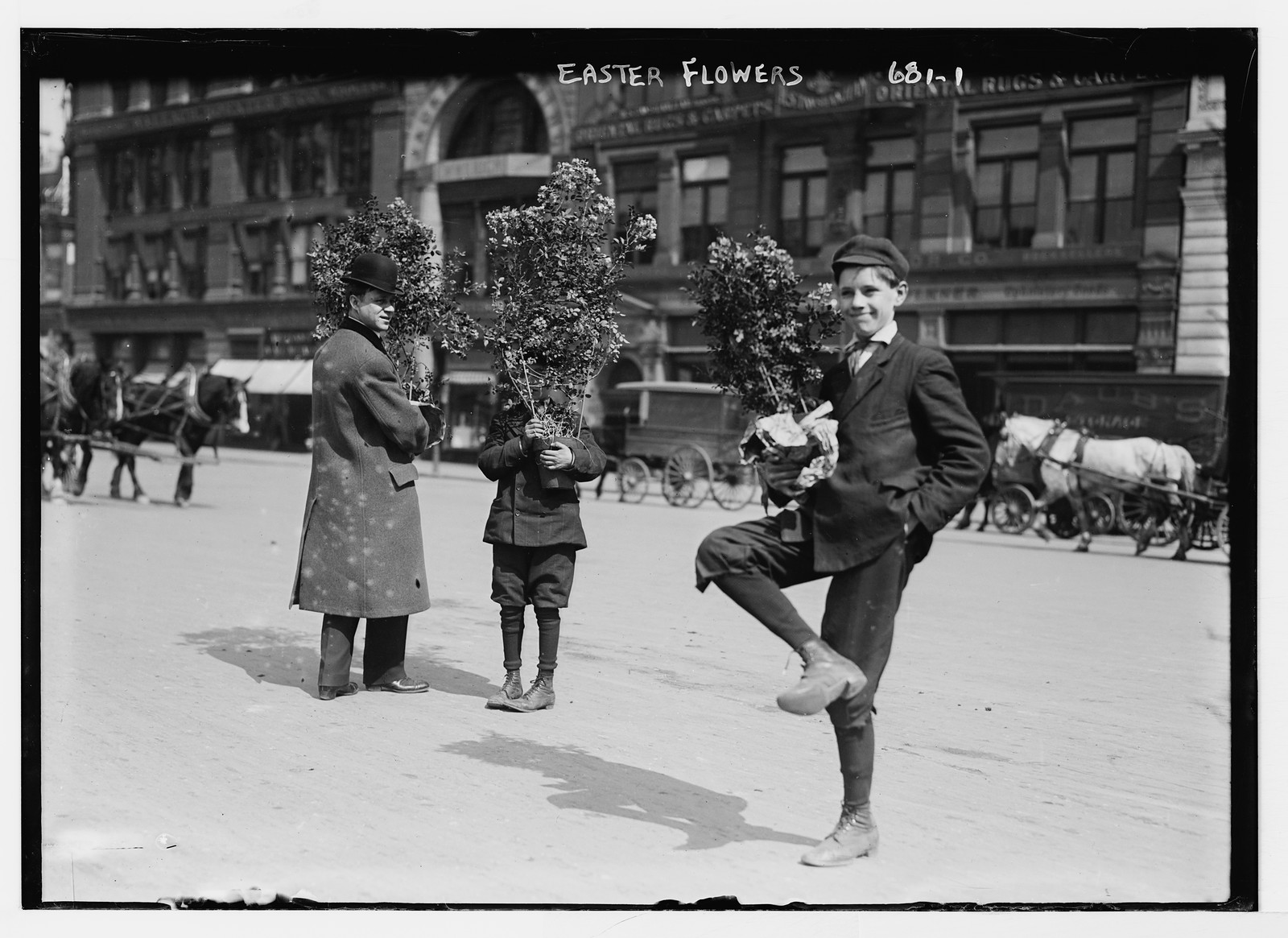 Men holding Easter flowers, New York, n/a — historic photograph
