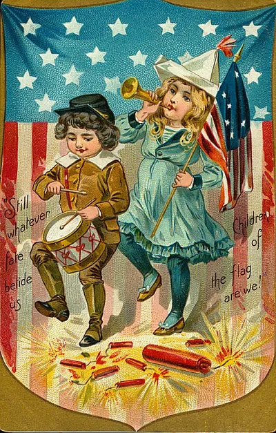 Patriotic children with drum, trumpet and flag postcard