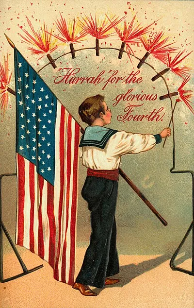 Sailor boy with sparklers, American flag, "Hurrah for the glorious Fourth