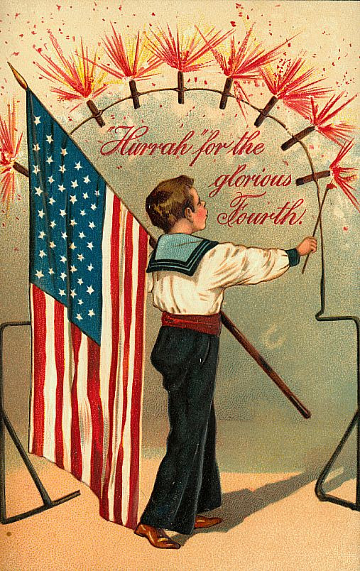 Sailor boy with sparklers, American flag, "Hurrah for the glorious Fourth — historic image