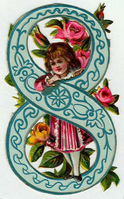 Embossed die-cut numeral 8 with girl and roses