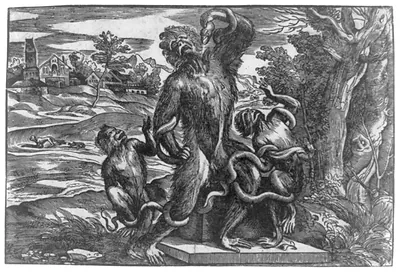 [Three monkeys strangled by a sanke. Satire on the Laocoon"]"