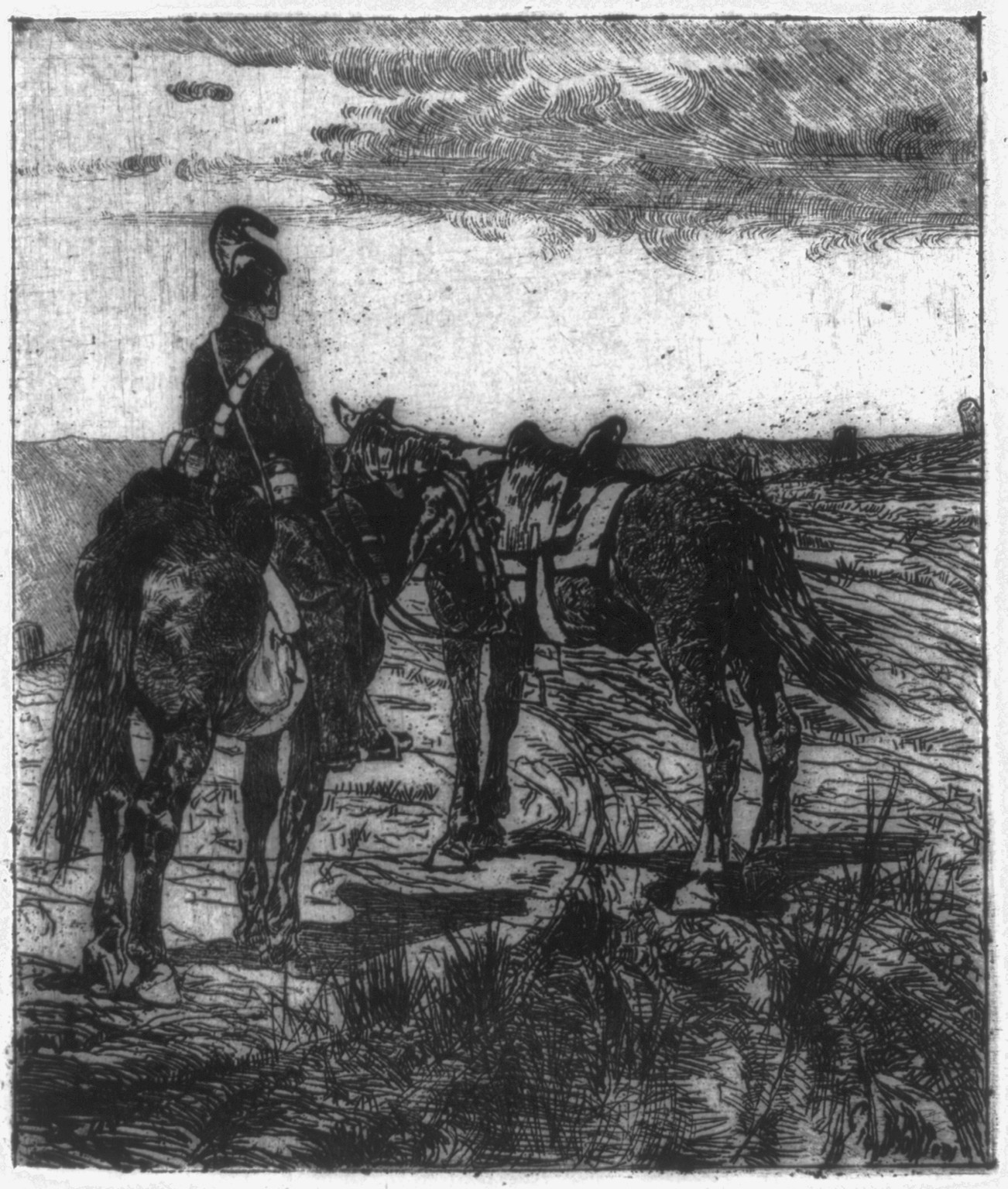 Soldier and horses — historic print