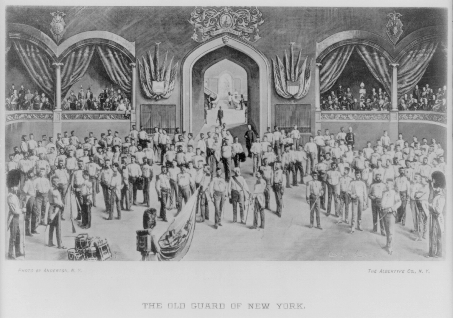 [Examples of Albertype reproductions, ca. 1885: The old guard of New York City" posed in grand ballroom of the Waldorf]" — historic print