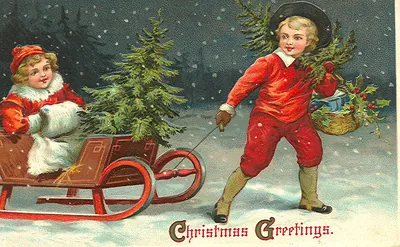 Children with sleigh and Christmas tree, Christmas Greetings card