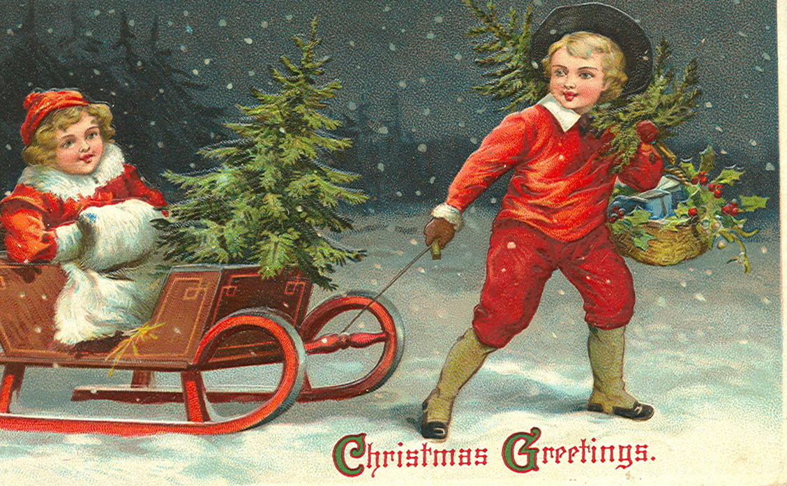 Children with sleigh and Christmas tree, Christmas Greetings card — historic image