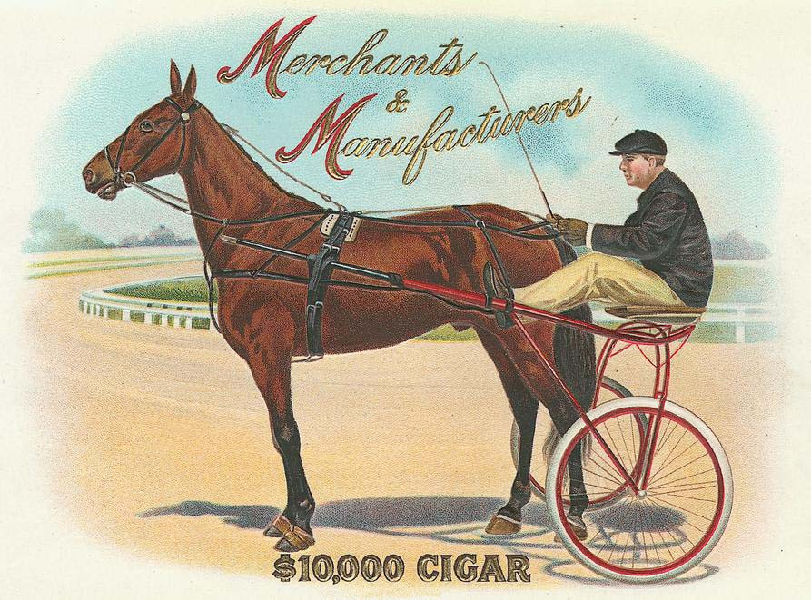 Merchants & Manufacturers $10,000 Cigar label: harness horse and driver — historic image