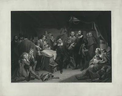 Pilgrims gathered in a cabin around a document, engraved